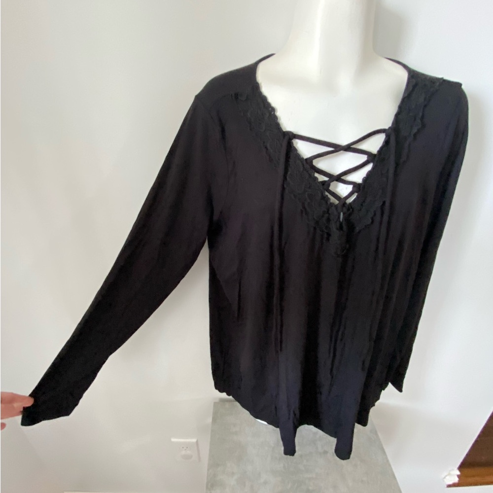 Long Sleeve V-Neck Torrid Top with Lace Neckline and Tie Detail